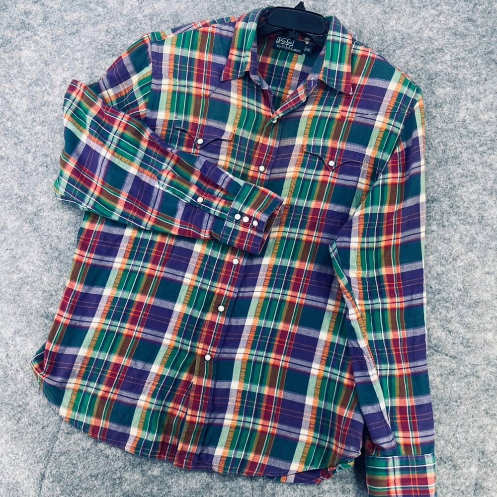 VTG Polo Ralph Lauren Western Shirt Men XL Green Flannel Plaid Pearl Snap Cowboy